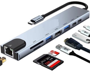HUB | Rozdzielacz USB-C na 2x USB-A + 2x USB-C + kart SD + TF + HDMI + LAN | adapter, rozgałęźnik typ C 8w1